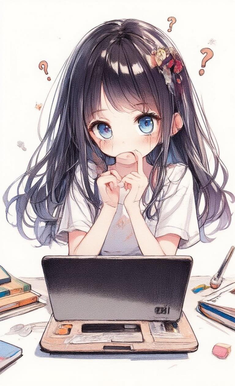 1 girl, solo, chest, looking at viewer, blushing, medium length hair, black hair, simple background, shirt, hair accessory, white background, laptop, blue eyes, hands up, upper body, short sleeves, shiny, tears, shiny hair, book, wavy mouth, ?, @ @, question mark,,acryli painting,Anime style,colored pencil drawing,