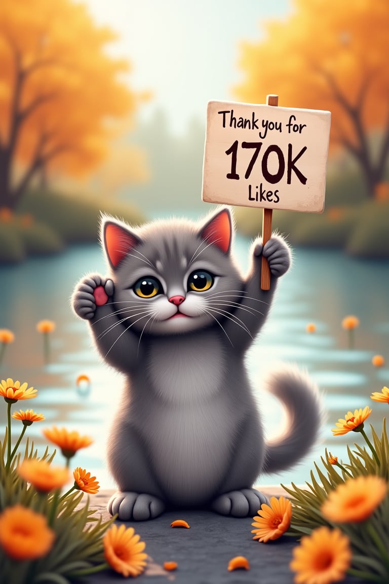 A cute cat, a gray American shorthair, playing on the riverbank, is holding up a placard in one hand. The placard reads, "Thank you for 170K likes!" Autumn flowers are blooming all around, giving a feeling of autumn.