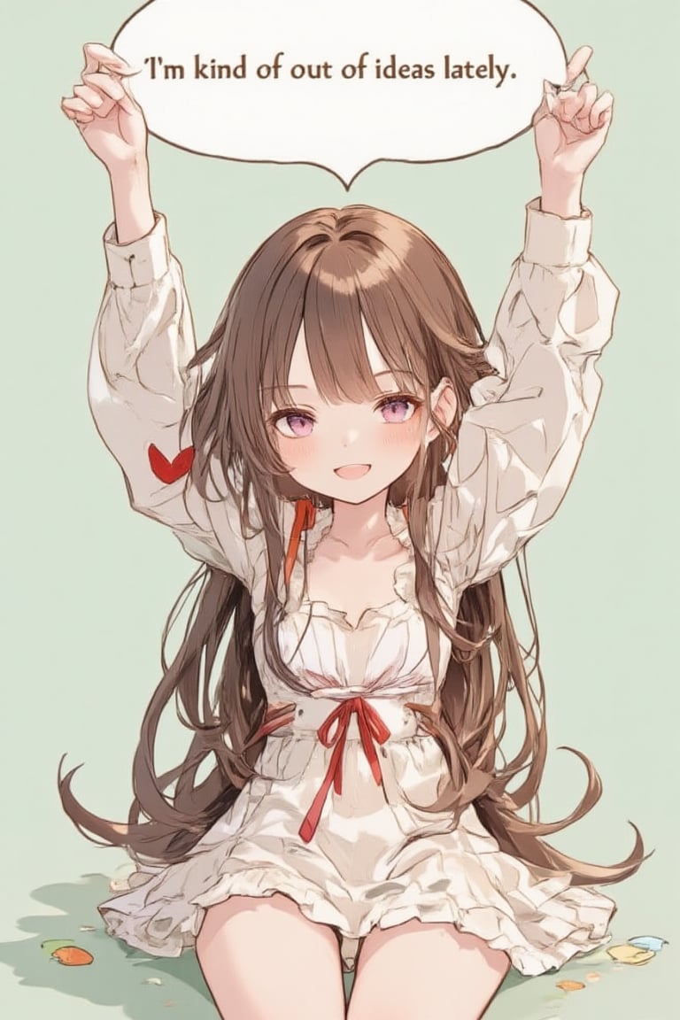 In an anime-inspired acrylic painting, a girl with long, brown hair and pinkish-red eyes sits solo against a simple, pastel green background. Her twisted smile stretches across her face, revealing open-mouthed excitement. Blushing cheeks and ruffled dress add to the charm. The subject's hands rise up, holding a speech bubble containing the phrase I'm kind of out of ideas lately. Long sleeves with white cuffs and detachable, puffy sleeves frame her arms. A red ribbon adorns her collarbone, and a delicate heart rests near her chest. Her very long hair falls down her back, with bangs framing her face. Focused on the viewer, she seems to be sharing her thoughts and doubts. The overall atmosphere is whimsical and endearing, inviting the viewer into her introspective world.,acryli painting,Anime style,Made of adrr-zllj,Made in abyss manga