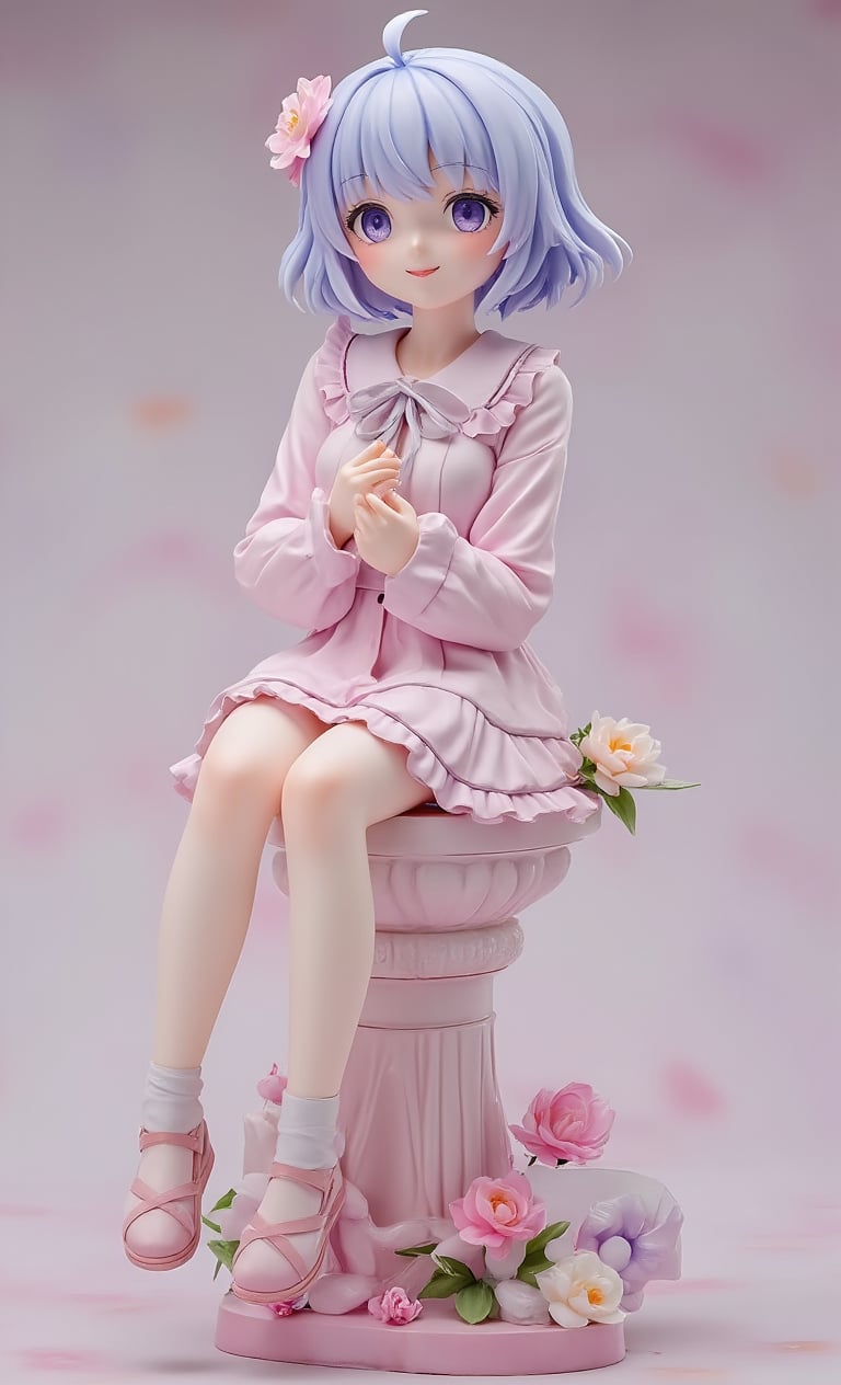 Real photo, stunning image, sharp image, masterpiece, cute anime style girl realistic figure, full body, random hairstyle, random hair color, smile, detailed in every detail, created by Takumi's technique, random clothes , flowers, made of resin, on a pedestal, decorated pedestal, simple background, sitting, gradient paper background, random pose