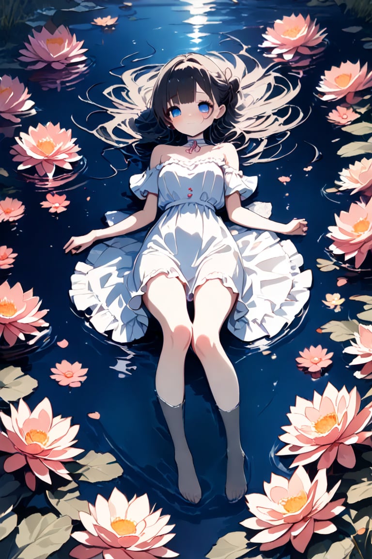 A girl in a white dress lying down and floating in a pond, (horror style), (ultimately adorable:1.4), (incredibly cute:1.4), (super kawaii:1.4) long black hair, surrounded by many bloody flowers, (sad), spread arms wide, full body, moonlit night, fantastic, mysterious, from above, (masterpiece:1.3), ((highest quality, 8k, ultra-detailed)), perfect anatomy, detailed eyes, anatomically correct hands, very clear and precise images