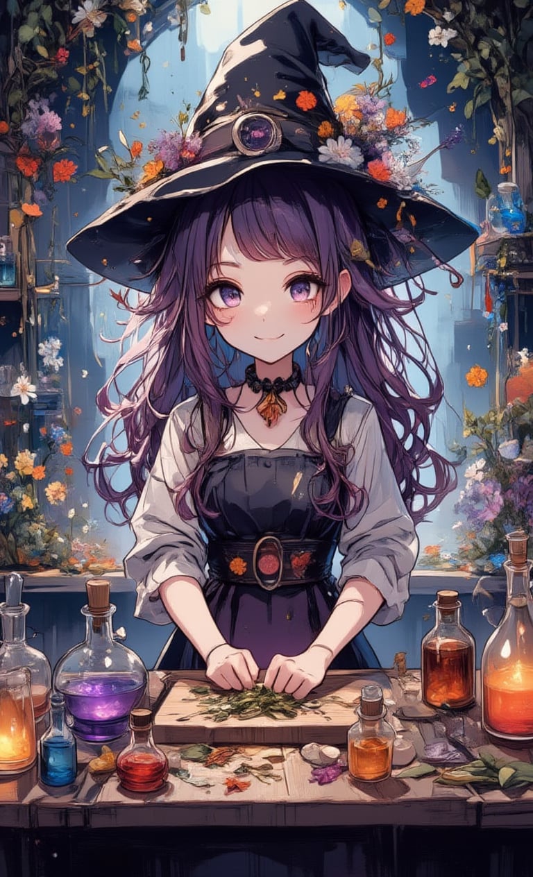 A smiling witch girl is chopping medicinal herbs in front of a table lined with colorful potions. Her hairstyle is long waves and her hair color is deep purple. In a magical atmosphere, dried medicinal herbs and flowers are scattered around her, and small bottles are lined up in her hand. The camera captures her from an angle, and a faint light leaks from inside the potion, softly illuminating her face. ,acryli painting,colored pencil drawing