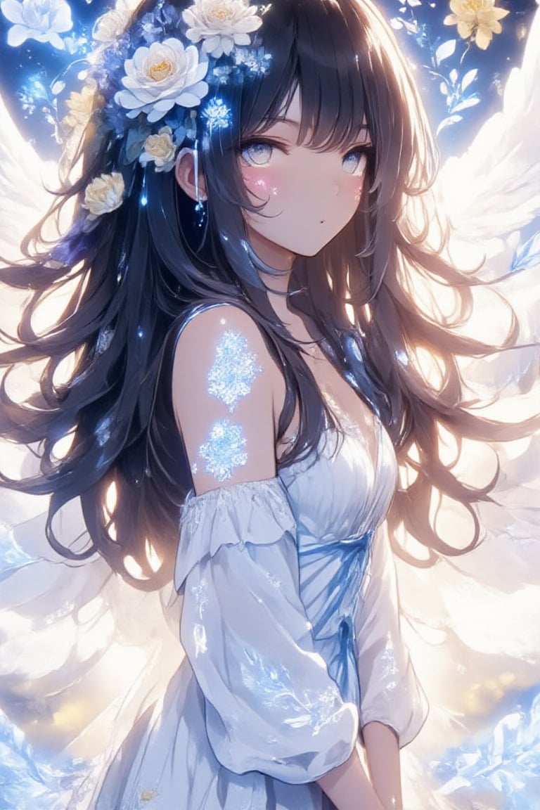 In this breathtaking 8K animated masterpiece, a serene anime-style girl with long black hair cascading down her back like a velvet waterfall gazes into the distance with piercing blue eyes and delicate light brown eyebrows. Her slender figure is draped in a flowing white dress adorned with intricate white flowers, cinched at the waist by a shimmering blue belt. A dainty flower crown rests atop her wavy locks as she stands poised, her ruffled white wings fluttering softly behind her in a whimsical dance. The warm lighting casts a soft glow on the scene, set against a subtle gradient of gentle blues and whites.,acryli painting,Anime style,Made of adrr-zllj,dal