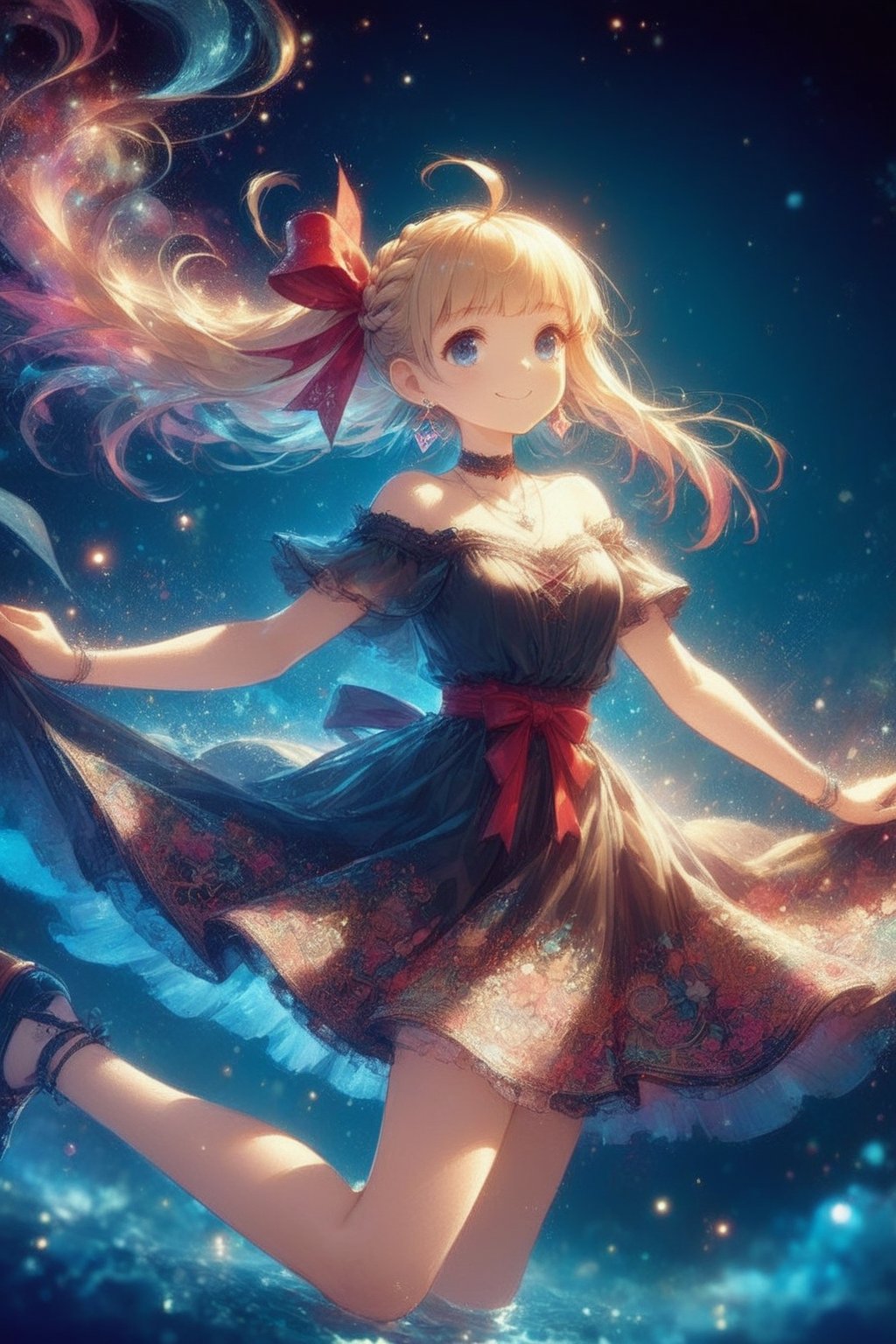 masterpiece, best quality, high quality, exquisite, detailed, beautiful, background, wonderland, flower garden, girl, witch, cute creature, phoenix, feather texture, smoke texture, parametric pattern, concept art, fun, grinning, floating, flying, looking at viewer, looking right, front view, hime cut, blunt bangs, ahoge, french braid, pink hair, blonde, brown eyes, blue eyes, with iris, slender, attractive, dress, off shoulder, undressed, hair ribbon, earrings, choker, necklace, ribbon, holding wand, cute face, epic fight scene, fun scene, gradient black background, holding flowers, fantasy, kawaii punk, manga, flat illustration, heart shaped, star shaped, diamond shaped, spiral shaped, hard edges, soft surface, gouache painting, ink drawing, sharp, double exposure, lens flare, dramatic lighting, cinematic lighting, glowing, dramatic contrast, vivid colors, soft colors, cowboy shot, front view, dutch Angle shots, dynamic angles, cowboy shots, leaping figure compositions, the golden triangle