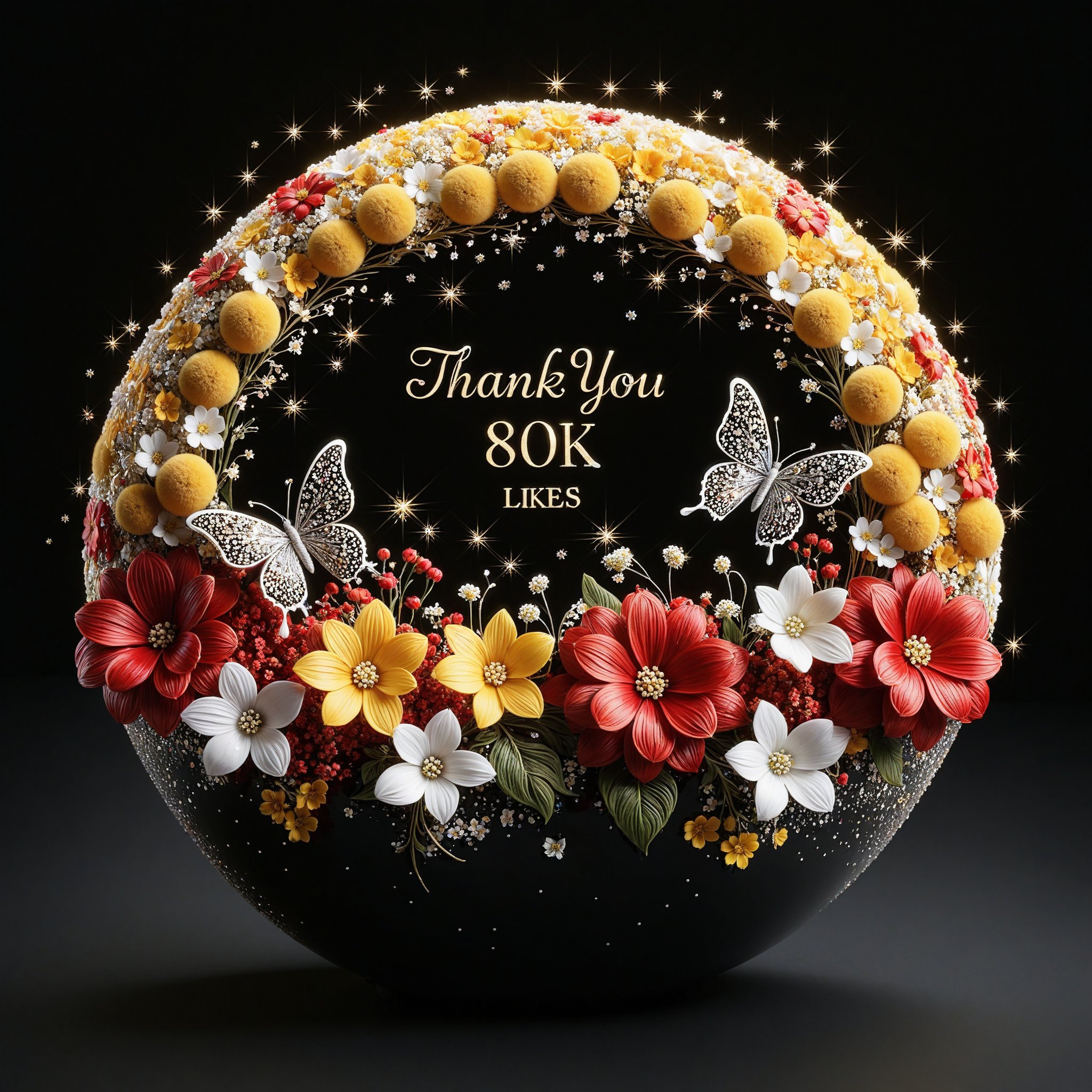 (Top quality, 8K, high resolution, masterpiece), ultra detailed, simple background, flowers, crystal sphere, black background, (text "Thank you for 80K likes~ "): 1.6), gypsophila, stars, butterflies, red, yellow, white flowers, colorful gypsophila,glitter,shiny