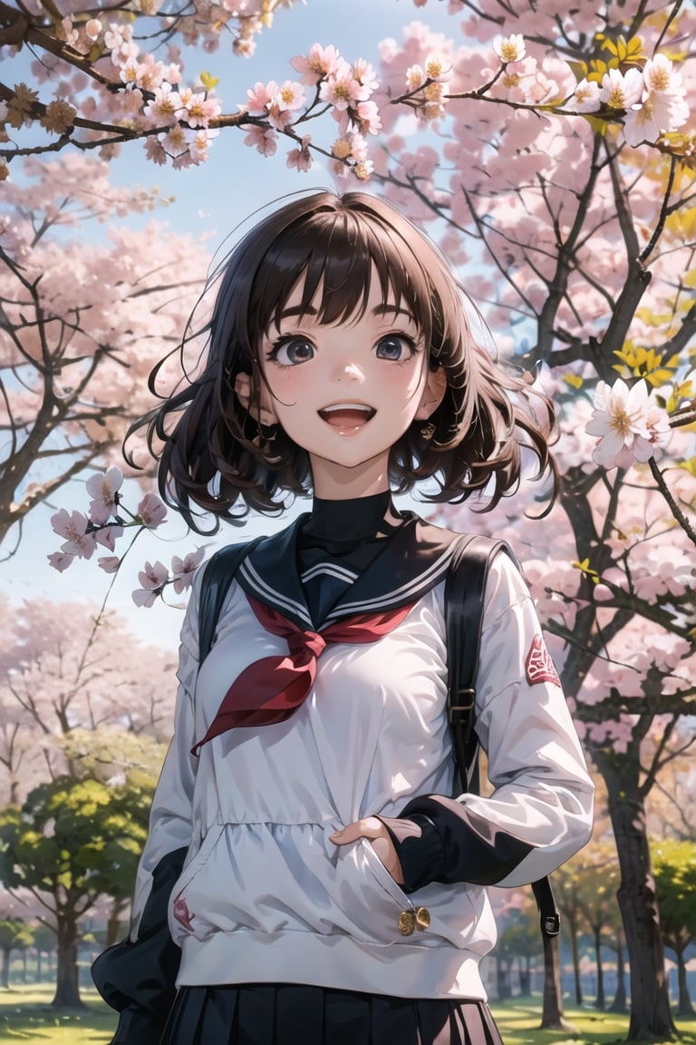 Masterpiece, beautiful details, perfect focus, uniform 8K wallpaper, high resolution, RAW photo, brown hair, medium curly hairstyle, clear sparkling deep eyes, smile, happy, open mouth,
A dreamy girl wearing a sailor suit is looking up at the sky while walking along a row of cherry blossom trees blown by the evening breeze. Watercolor illustration, anime style portrait of a teenager with a cute smile, one girl,perfect light,CherryBlossom_background,1girl