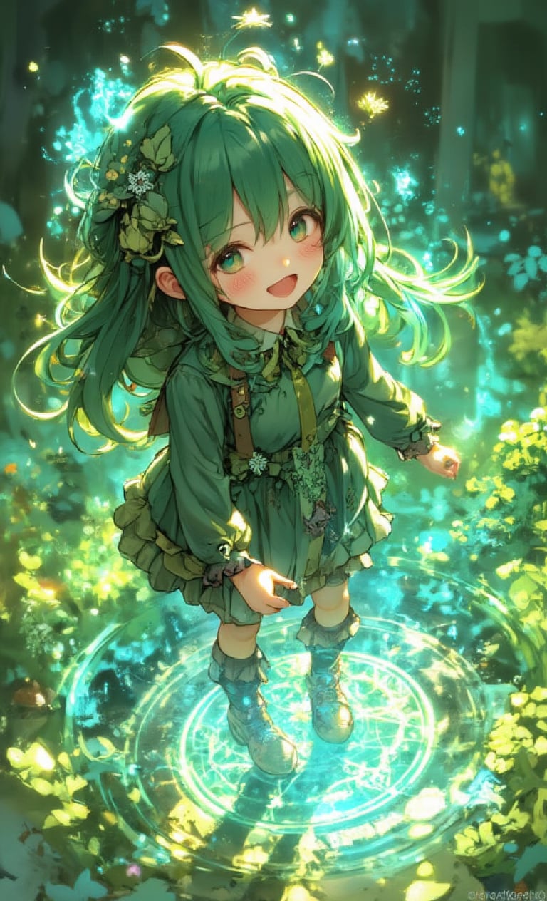 A smiling girl has long green hair and wears a leaf hair ornament. She wears a frilly dress made of natural materials and plays with the animals around her. The background is a simple forest color, and inside the circle is a double exposure of a mystical pond surrounded by fantastic light. The camera looks up at her from a low angle, and a soft light effect surrounds her, creating a dream-like atmosphere.,fantasy girl,cool_Anime