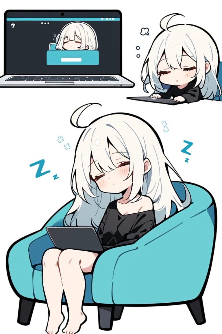 masterpiece, 1 girl, solo, long hair, blush, bangs, simple background, shirt, white background, hair between eyes, sitting, collarbone, eyes closed, ahoge, white hair, lips parted, off shoulder, chibi, black shirt, chair, sleeping, computer, zzz, sleepy, laptop,flat style