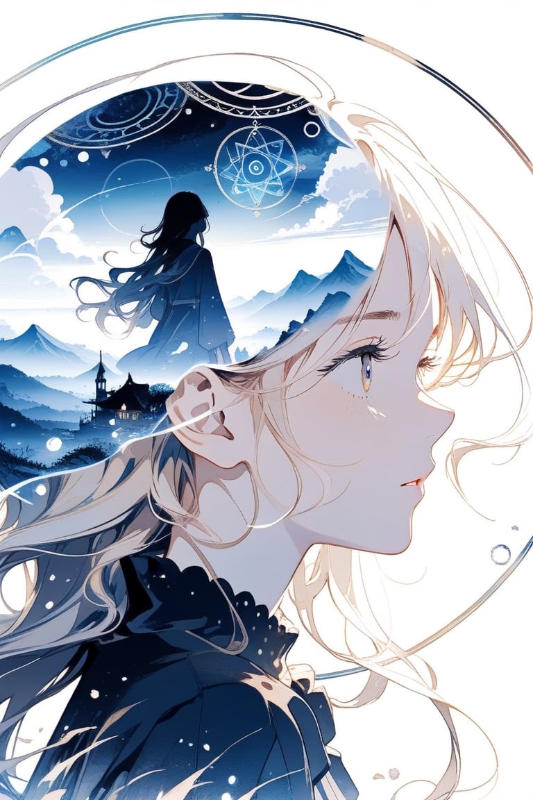 Silhouette of a girl with long hair filled with scenery from another world, fantastic scenery from another world, close-up, double exposure, white background, magic circle,