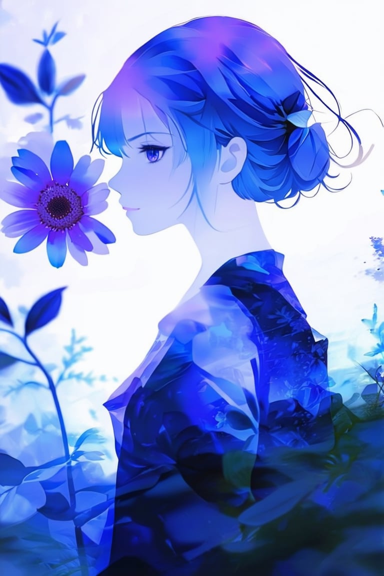 anime style,anime girl,
masterpiece,silhouette of a woman in profile. Inside the silhouette you can see the double exposure with a flower, masterpiece, ((double exposure1.4)), proportional