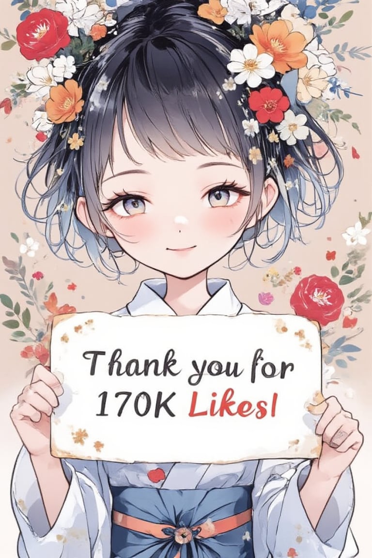 A very cute girl is holding a sign, and the sign says in English text "Thank you for 170K likes!". Text, illustration, details, realistic, kimono, floral kimono, obi, cowboy shot, Japanese pattern background, UHD, beautiful detailed eyes, beautiful details, warm smile.,acryli painting