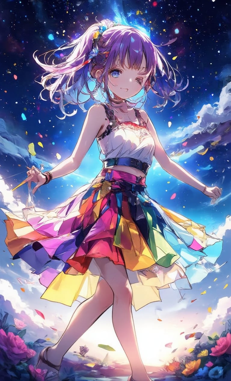 A smiling girl is dancing wearing a colorful skirt. Her hair is in a ponytail and her hair color is bright purple. Drawn in clipping art style, camera shot from a low angle. In the background, the stars shine in the night sky, the lens effects make the starlight sparkle, and a fantastical light surrounds her. ,acryli painting,colored pencil drawing,Anime style