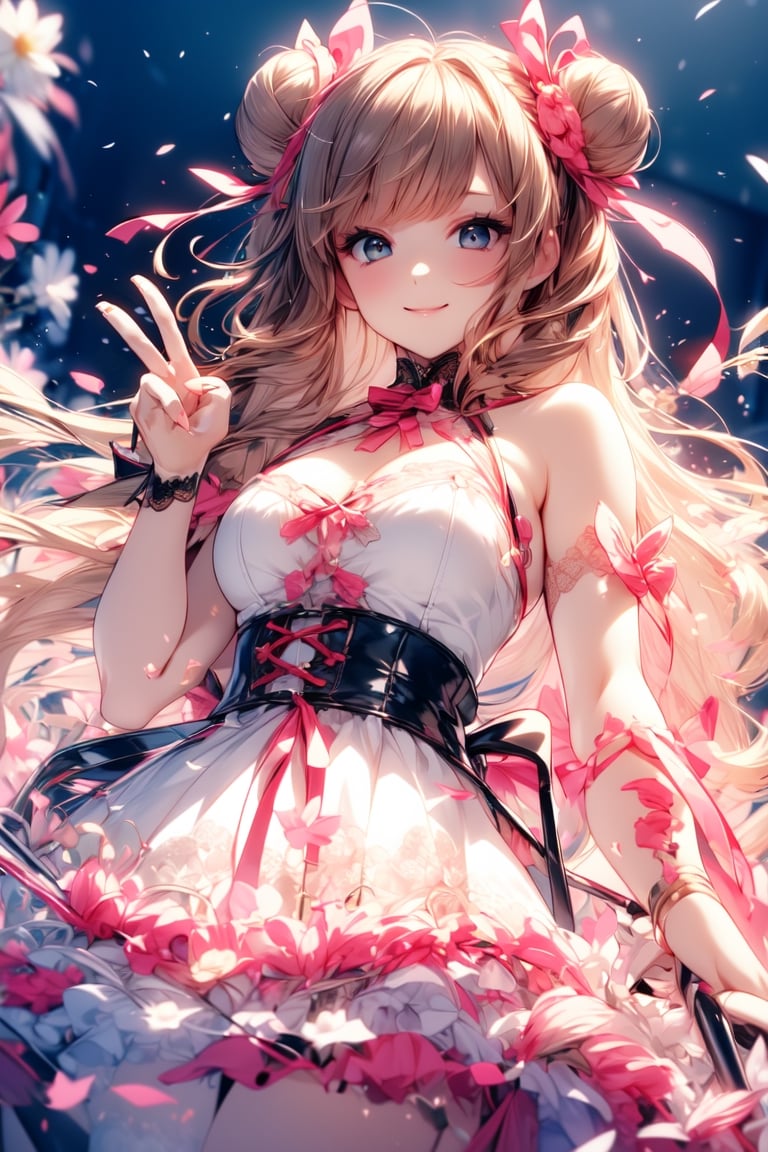 The woman wears a unique costume that combines pink and black gothic lolita costumes decorated with lace and ribbons, has light brown hair, a bun hairstyle, and a smile with a peace sign (dynamic superheroine) pose). 64k, UDR, RAW photo, perfect focus, high resolution,