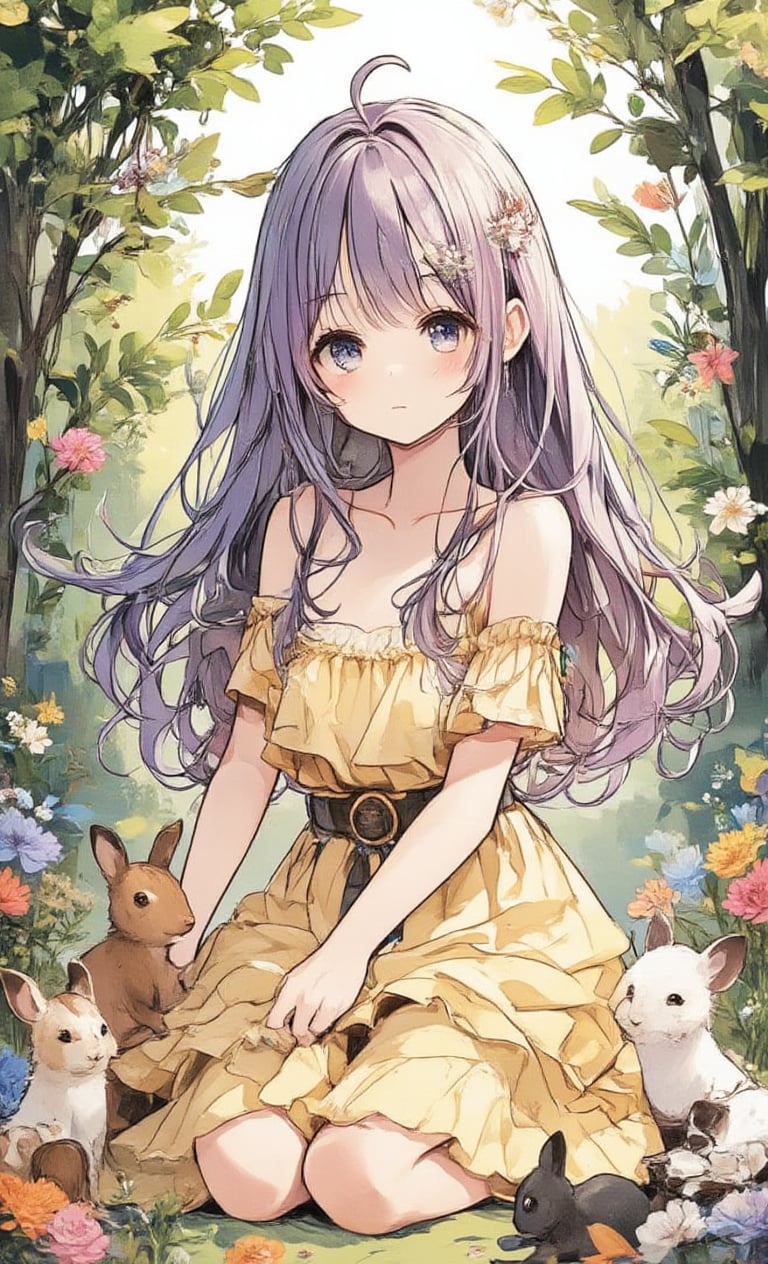 A cute girl wearing a frilly yellow dress is playing with small animals in the forest. Her hairstyle is long and straight, and her hair color is purple. In the background are green trees and colorful flowers.

,acryli painting,colored pencil drawing,Anime style