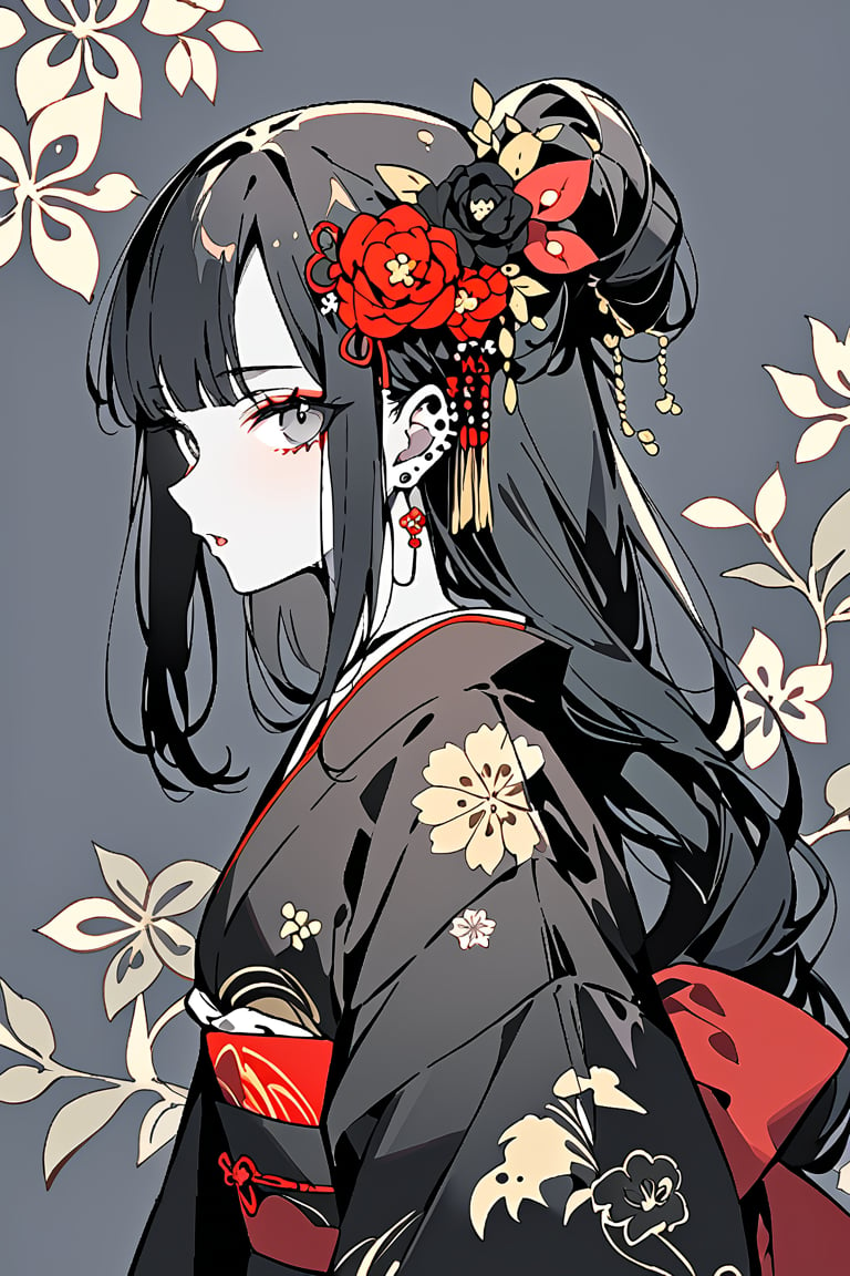 Masterpiece, best quality, beautiful sensation,
one girl, solo, long hair, staring at viewer, bangs, black hair, hair ornament, jewelry, upper body, flowers, earrings, open lips, kimono, hair flower, blunt bangs, kimono, from the side, gray eyes, makeup, piercing, floral print, red flowers, ear piercing, pale skin, lace, black kimono, black flowers,flat style