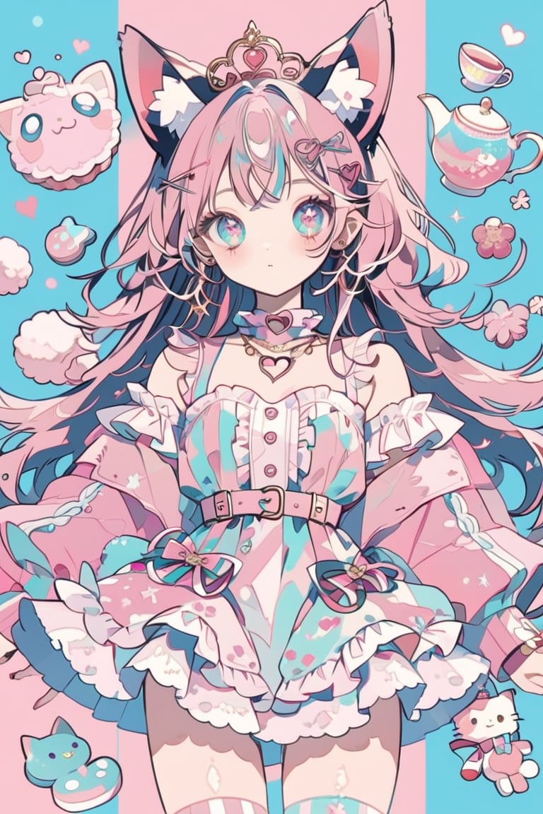 One girl, Vtuber anime character design, Love Peace Ice Cream!, an overly maximalist Vtuber character dressed in a super decorative pink lolita fashion. Her anime-style face features huge, sparkling eyes in gradient pastel colors, surrounded by incredibly long eyelashes. Her multi-layered hair cascades down in a flurry of pastel pink, purple, and blue, and is adorned with an excess of ribbons, flowers, and sparkly accessories. She wears a frilly cupcake-shaped dress in different shades of pink, covered in lace, ribbons, and frills. The dress is further decorated with candy motifs, stuffed toys, and a miniature tea set. Multiple petticoats peek out from underneath, each a different shade of pink. She wears striped stockings and platform shoes with heart-shaped buckles. Numerous bracelets, rings, necklaces, tiaras, and cat-ear headphones adorn her. The background is a dizzying collage of pastel colors.,flat style,dal-6 style,txznf,Deformed