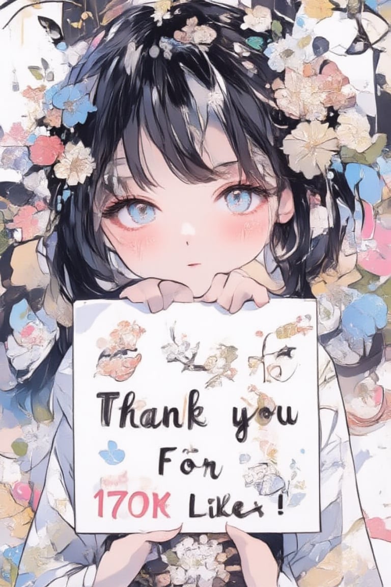 A very cute girl is holding a sign, and the sign says in English text "Thank you for 170K likes!". Text, illustration, details, realistic, kimono, floral kimono, obi, cowboy shot, Japanese pattern background, UHD, beautiful detailed eyes, beautiful details, warm smile.,acryli painting