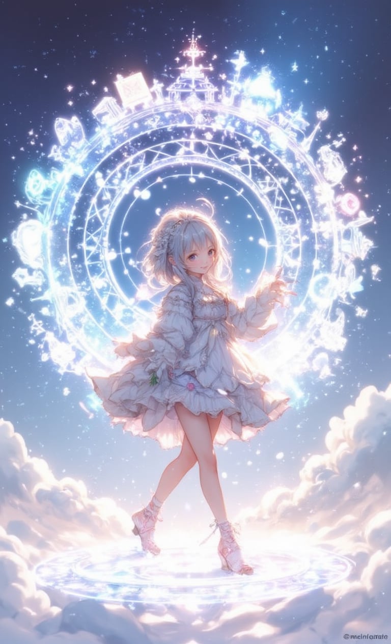 A smiling girl has light pastel colored hair and is wearing a star hair ornament. In the scene, she is wearing a fluffy dress and walking on clouds. The background is a simple sky tone, and inside the circle is a double exposure of a fantastic dream world scene. The camera angle is from above, emphasizing her graceful posture, adding a soft light effect and a star-like effect floating around her. .,fantasy girl,cool_Anime,VNS_Add more details