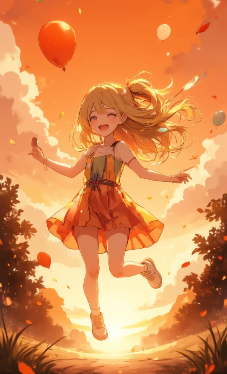 A smiling girl jumps happily as the orange sunset lights up the sky. Her hair is bright blonde, tied up in a ponytail and swaying in the wind. She is wearing a colorful dress and white sneakers can be seen on her feet. The camera shot from directly above, capturing her happy expression and energetic figure. Orange balloons are flying around the area, and silhouetted trees line the background, creating a fun atmosphere. The light of the sunset softly illuminates her surroundings, creating a dream-like scene. ,Anime style,acryli painting