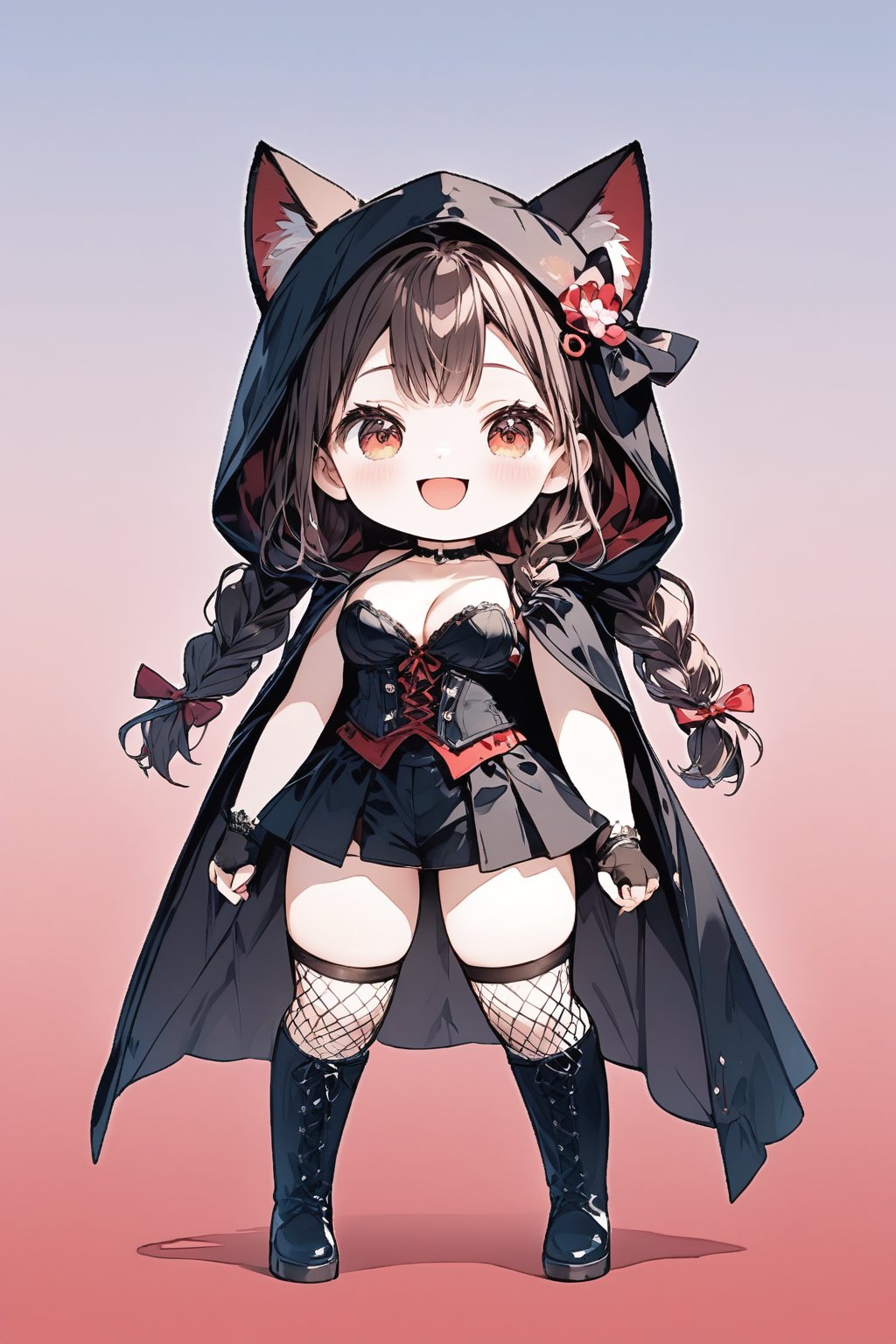 Masterpiece, beautiful details, perfect focus, 8K wallpaper, high resolution, exquisite texture, all kinds of details, simple background, (Magical POP illustration: 1.4), one girl, smiling, happy, open mouth, long hair, braids, ribbon, bow, medium bust, cleavage, (deformed, chibi, two-headed),
BREAK
A seductive hooded cape ensemble,
Choose a hooded cape in a luxurious material such as satin or velvet. But make sure it has a dramatic deep neckline or an open front that ties under the chest to reveal a sexy corset top or bralette underneath.
BREAK
Pair the cape with high-waisted shorts or mini skirts underneath, and a lace-up corset or bustier to accentuate your figure.
Add a seductive touch with accessories, lace-up stiletto boots and fishnet stockings. Complete the look with bold red lipstick, a delicate choker and fingerless lace gloves to enhance the sexy and mysterious atmosphere.
BREAK,Deformed,furry girl,sticker