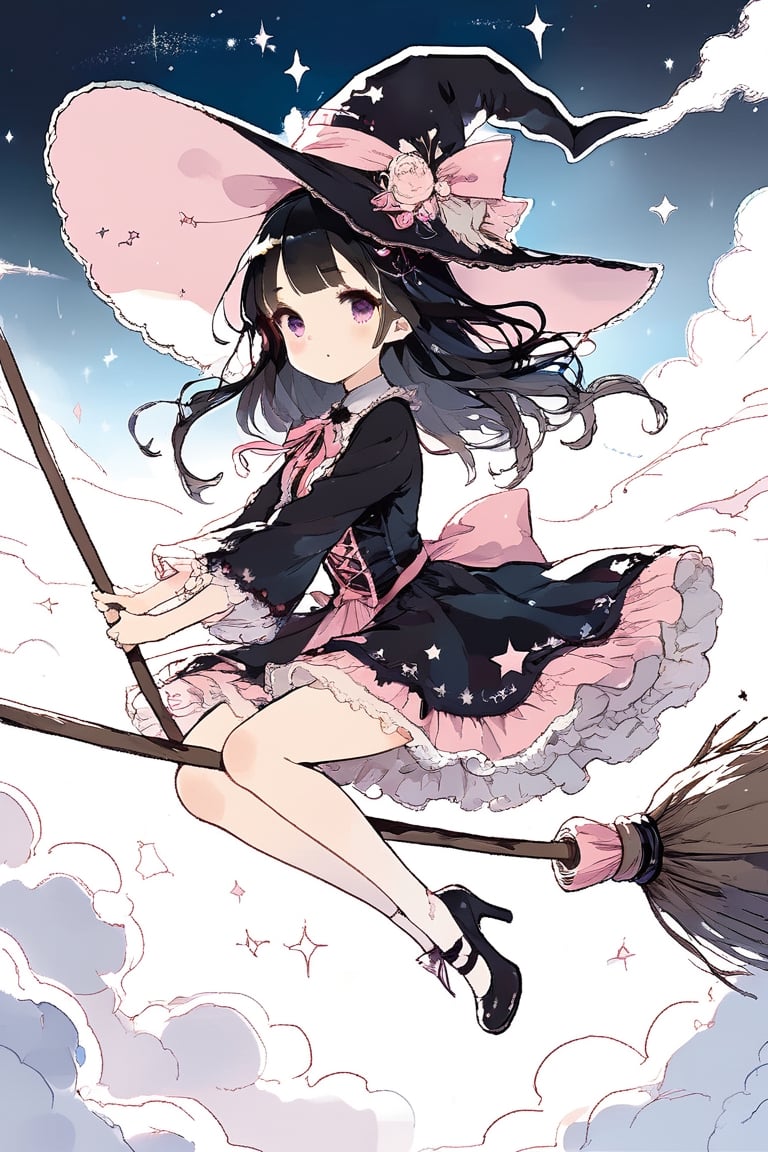 Illustration of a magical girl flying in the sky astride a magic broom. The girl is wearing a pink gothic Lolita style outfit. Girl is wearing a large ribbon on her head. Beautiful eyes. Beautiful black hair. Very detailed and quality illustration. masterpiece, top quality, aesthetic, 4K, Official Art, magic_broom,(Pencil_Sketch:1.2