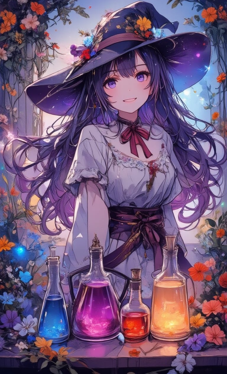 A smiling witch girl stands in front of a table lined with colorful potions. Her hairstyle is long waves and her hair color is deep purple. In a dreamlike atmosphere, medicinal herbs and flowers grow around her, and the camera captures her from an angle. As a special effect, a faint light leaked out from the potion, softly illuminating her face.,acryli painting,colored pencil drawing