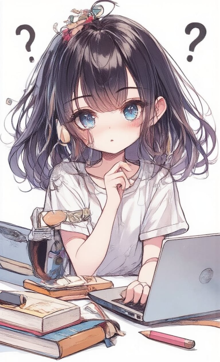 1 girl, solo, chest, looking at viewer, blushing, medium length hair, black hair, simple background, shirt, hair accessory, white background, laptop, blue eyes, hands up, upper body, short sleeves, shiny, tears, shiny hair, book, wavy mouth, ?, @ @, question mark,,acryli painting,Anime style,colored pencil drawing,