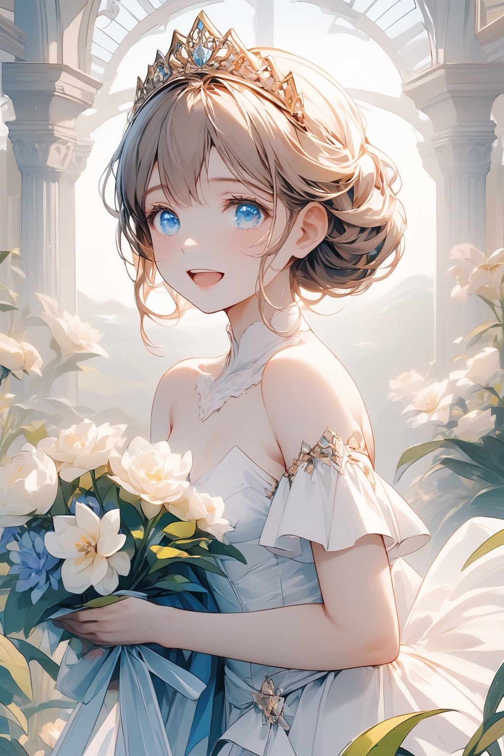 Exquisite portrait of a princess-like beauty in a stunning wedding dress, surrounded by lush flowers in a serene flower garden. Soft, natural light illuminates her face, accentuating her transparent blue eyes and dumpling hair. She wears a tiara and holds a bouquet with a radiant smile, her open mouth revealing pearly whites. Her brown locks cascade down her back, as she stands amidst vibrant blooms, radiating joy and happiness. Shot from a cowboy-inspired angle, the camera captures every exquisite detail in 8k resolution, making this an unforgettable masterpiece.