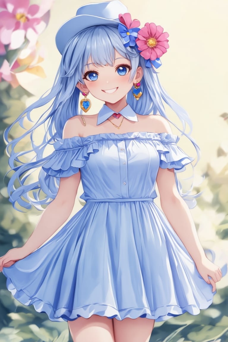 1 girl, solo, long hair, chest, looking at viewer, blushing, smiling, open mouth, bangs, blue eyes, shirt, hair accessory, jewelry, medium size chest, standing, collarbone, dress, light blue hair, ribbon, short sleeves, heart, thighs, cowboy shot, earrings, dress, off shoulder dress, ruffles, hand on cheek, long hair, flower, :o,anime style,anime girl