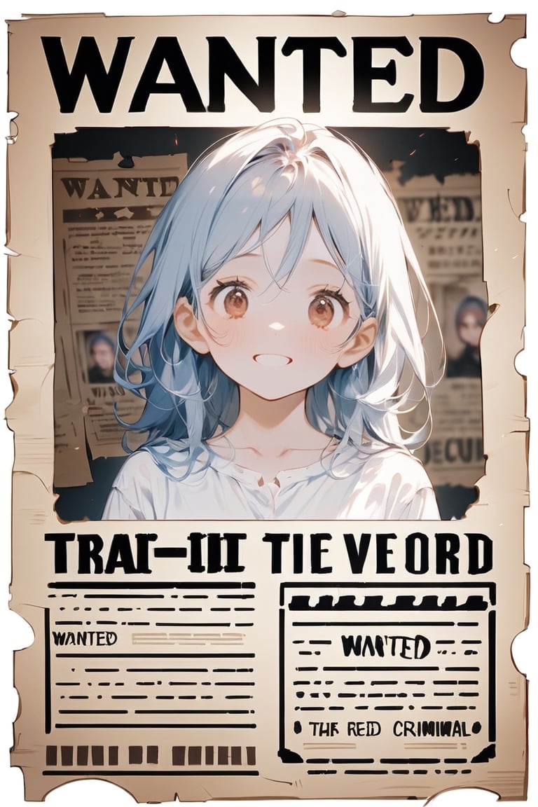 //quality masterpiece, best quality, aesthetic, //Character 1girl, (beautiful red eyes:1.0), big eyes, deailed eyes, medium blue hair, grin, //Background Wanted criminal,shirt,skirt, front face, profile, wanted poster, old paper, tanned paper, paper with the word "WANTED" written on it.,