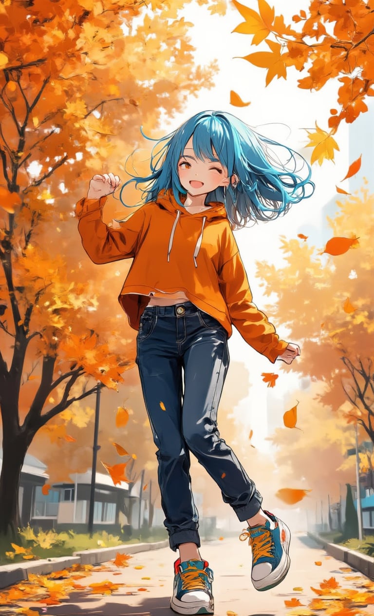 A smiling girl is spinning around with an orange park in the background. Her hair is bright blue and features a fluffy bob style. She is wearing a casual orange hoodie and jeans, and colorful sneakers can be seen on her feet. The camera captures her from a low position, emphasizing the contrast between her happy smile and the surrounding greenery. Orange autumn leaves are scattered in the background, fluttering with her movements. The light shines around her, giving the impression that she is the one stirring up the fun. ,Anime style,acryli painting