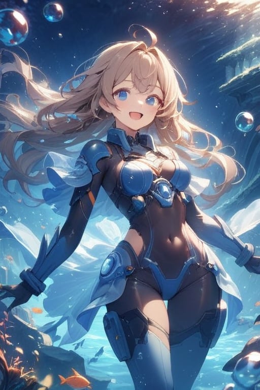 masterpiece, best quality, aesthetic, one girl, smiling, happy, open mouth, solo, chest, medium chest, looking at viewer, long hair, floating hair, bangs, cowboy shot, light brown hair, armor, blue eyes, bodysuit, fish, sci-fi, bubbles, underwater, mecha girl, bubbles. Underwater Temple,noc-mgptcls