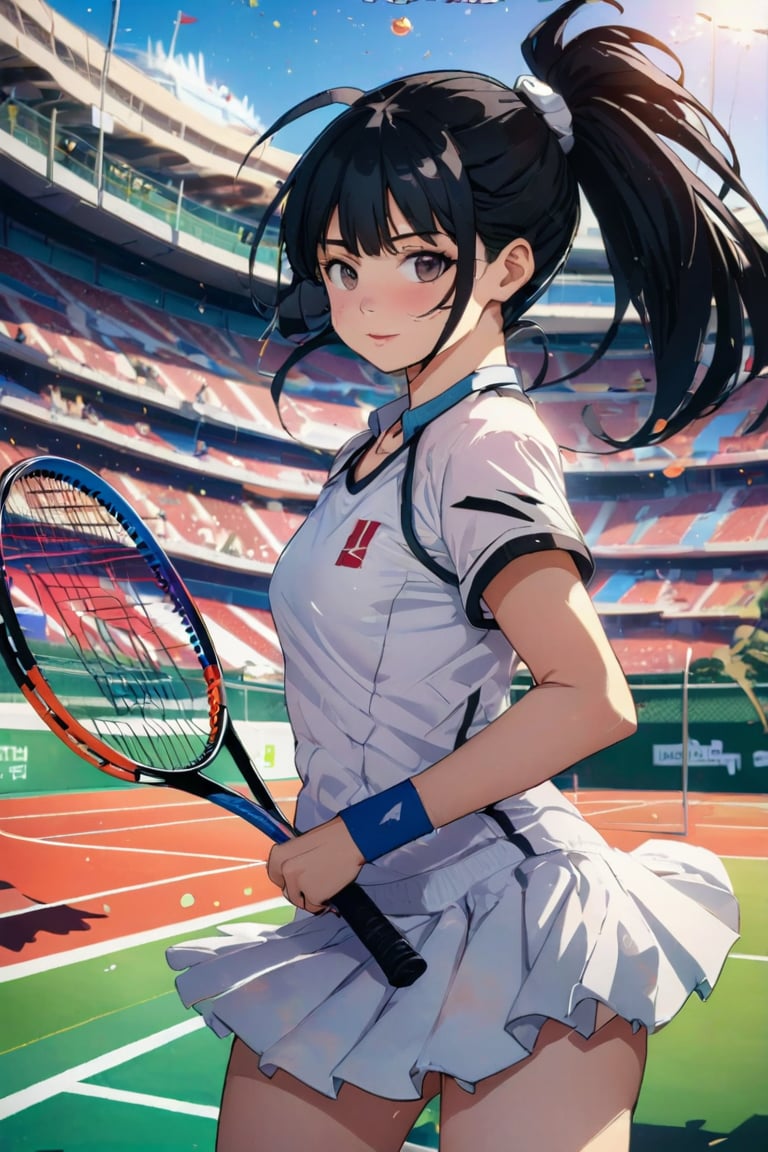 Masterpiece, 1 girl, solo, skirt, black hair, ponytail, jewelry, girl focus, necklace, white skirt, sportswear, tennis uniform, holding racket, tennis racket, dynamic pose, photo with racket, Dennis court, Olympic venue,1girl,Anime style,kawaii,vspop