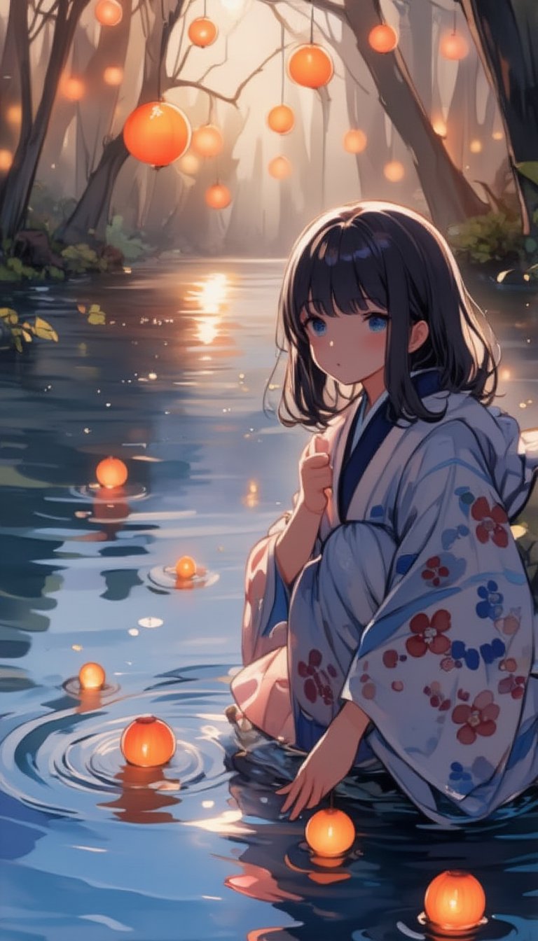 A serene moment captured: a young woman in traditional kimono kneels on a tranquil riverbank, her hands releasing a Toro nagashi into the gentle current as the warm sunlight softly illuminates her contemplative face amidst the Japanese-inspired patterns. The calm atmosphere is enhanced by the vibrant lanterns drifting lazily across the water's surface, their soft glow casting a peaceful ambiance.,watercolor style