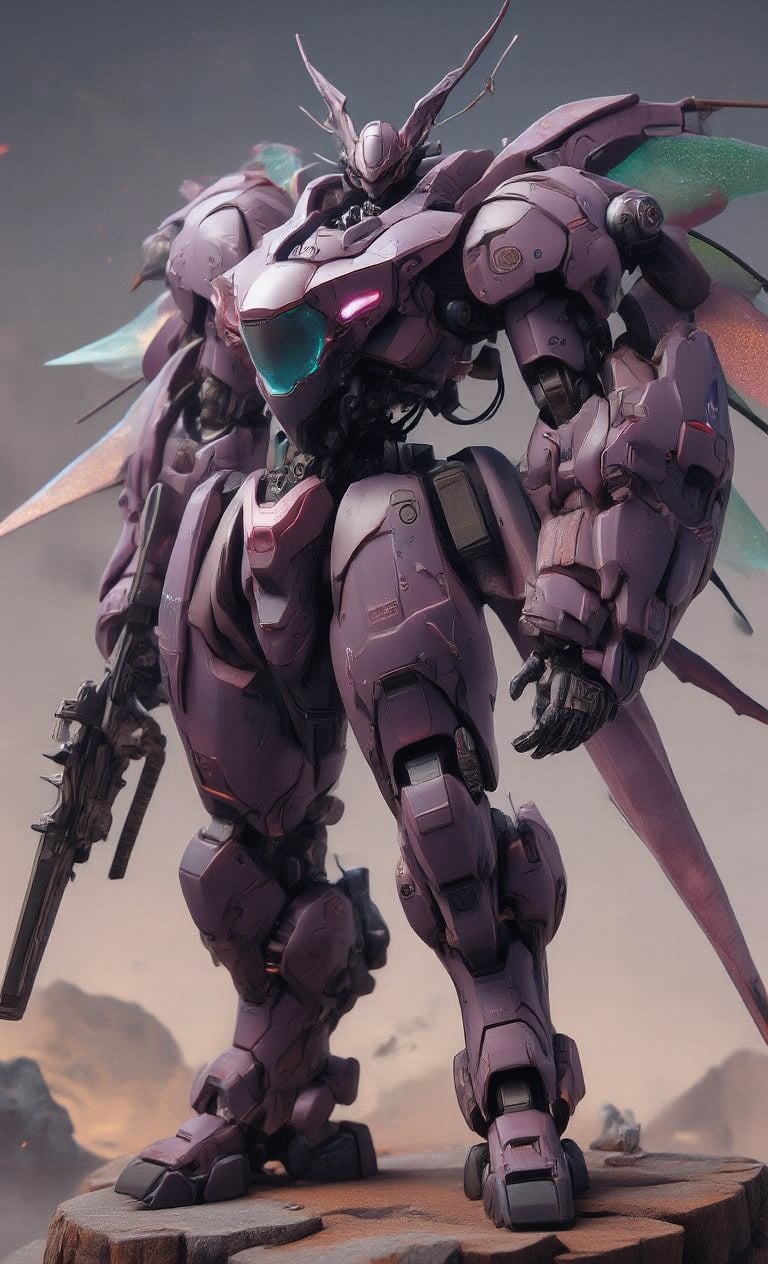 reality photo,3D figures,A futuristic warrior robot, forged from the armor of an extraterrestrial behemoth, stands majestically amidst a mystical backdrop. Mainly purple and adorned with translucent green chest armor, its flowing curves evoke organic design. Twin pink sensors glow on either side of its head, where a single plate-like antenna extends from the back, splitting into two at the tip. Two claws adorn its sleeves, while a hero's sword hangs at the ready in its hand. Its legs seamlessly integrate with a hovering base, giving the illusion of weightlessness. Iridescent insect-like wings stretch from its back, punctuated by three sharp claws on its feet, exuding strength. Soft, ethereal lighting highlights the robot's complex textures and armored beast elements against a misty, otherworldly landscape.Detailed 3D rendering,real robot,create figure 2