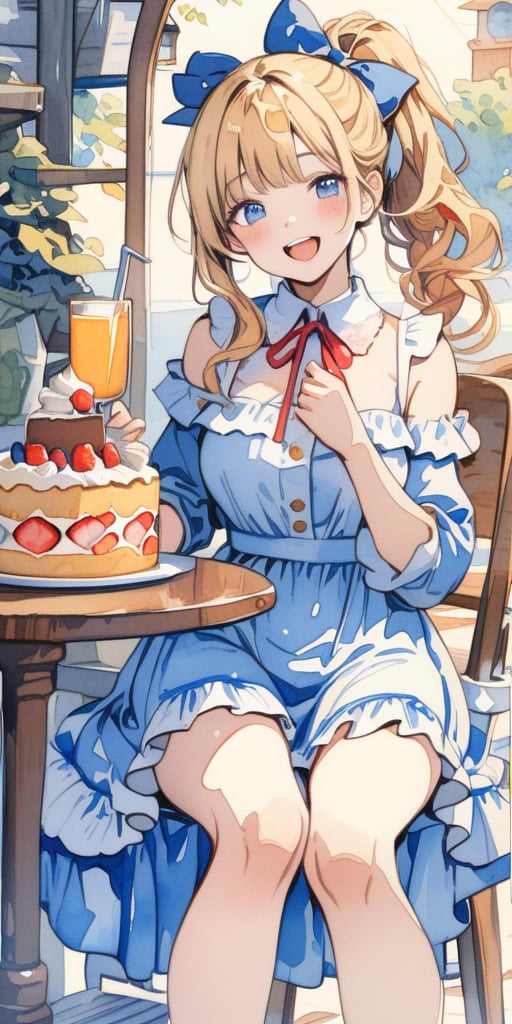 masterpiece, top quality, aesthetic, (watercolor style: 1.7), 1 woman, solo, long hair, looking at viewer, smiling, happy, open mouth, bangs, blue eyes, blonde hair, dress, long sleeves, off-shoulder dress, ribbon, holding, sitting, hair ribbon, , ponytail, :d, heart, frill, food, glass, straw, red ribbon, neck ribbon, fruit, chair, table, holding food, plate, orange juice, cake, strawberry, fork, holding fork,watercolor \(medium\)