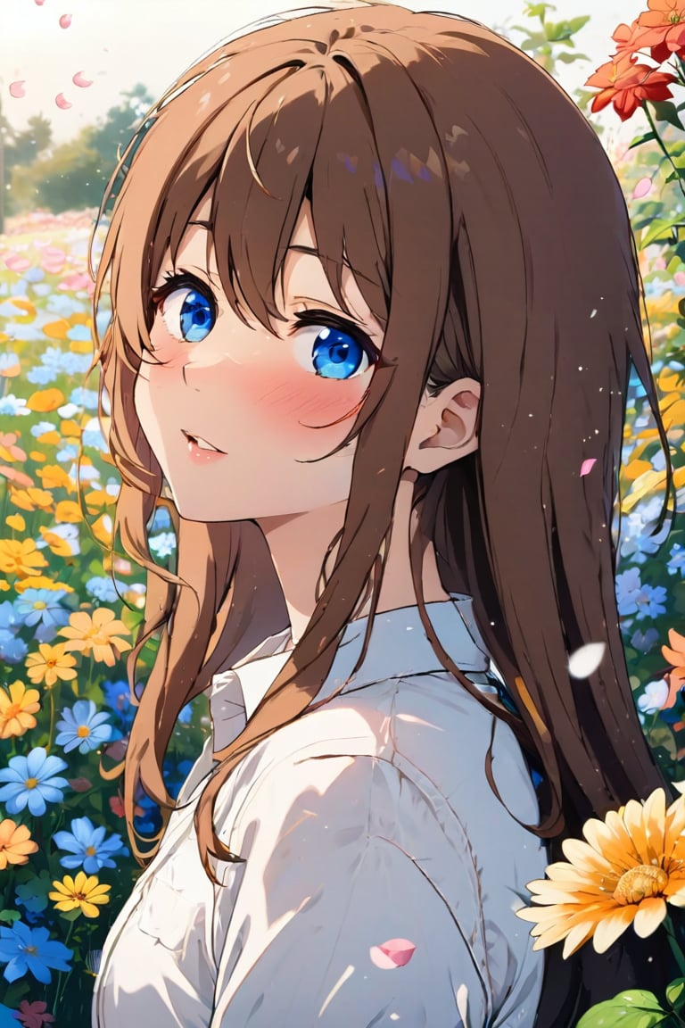 1 girl, simple background, solo, long hair, blush, bangs, blue eyes, brown hair, shirt, hair between eyes, white shirt, upper body, ((close-up of face:1.4)), flowers, outdoors, open lips, (blurred), from the side, profile, (((depth of field:1.4))), sunlight, looking up, flowers, (((Tamayura, orb: 1.4))), blurred foreground,Anime style,kawaii,1girl,vspop