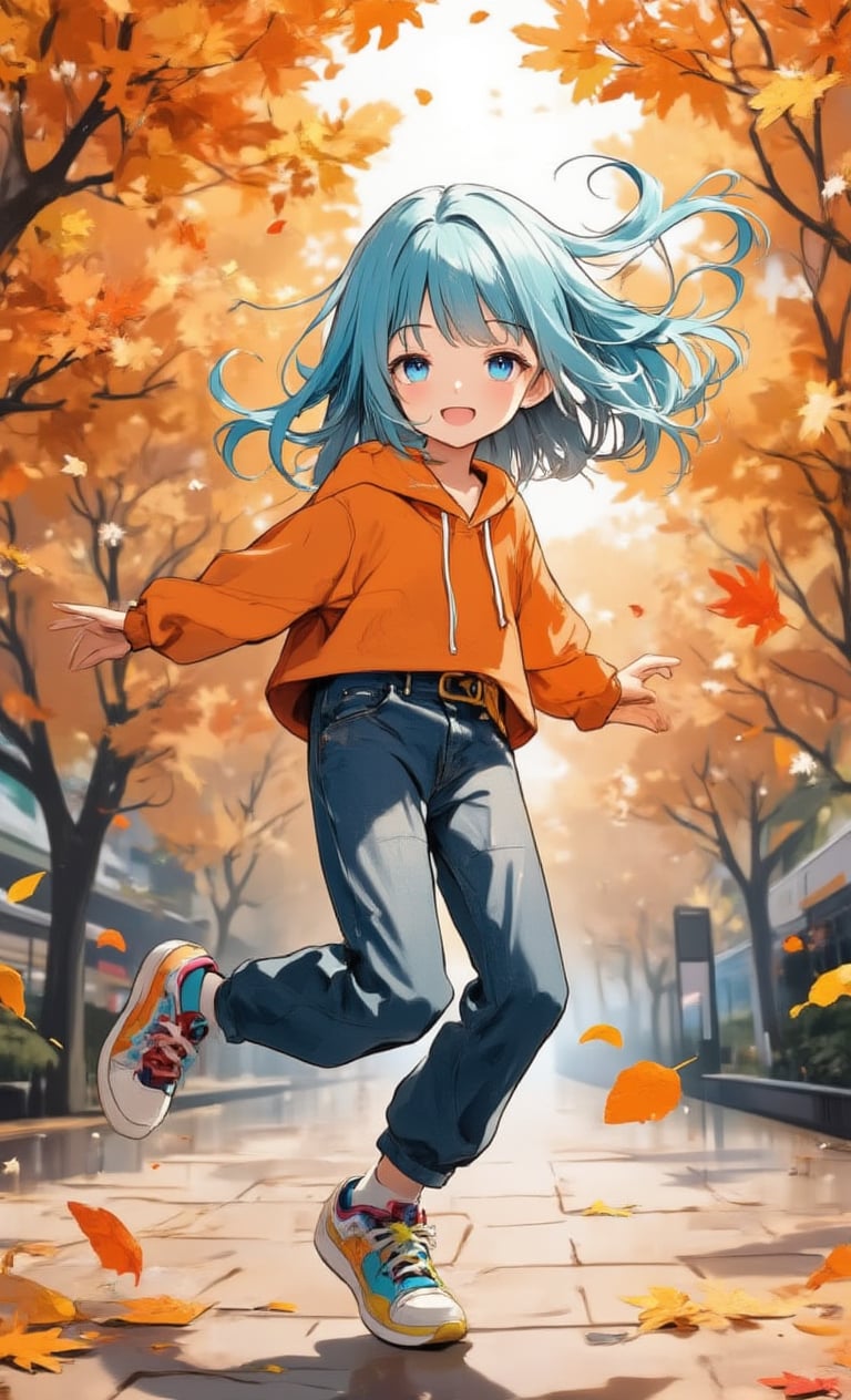 A smiling girl is spinning around with an orange park in the background. Her hair is bright blue and features a fluffy bob style. She is wearing a casual orange hoodie and jeans, and colorful sneakers can be seen on her feet. The camera captures her from a low position, emphasizing the contrast between her happy smile and the surrounding greenery. Orange autumn leaves are scattered in the background, fluttering with her movements. The light shines around her, giving the impression that she is the one stirring up the fun. ,Anime style,acryli painting