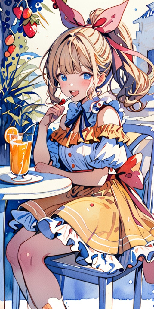 masterpiece, top quality, aesthetic, (watercolor style: 1.7), 1 woman, solo, long hair, looking at viewer, smiling, happy, open mouth, bangs, blue eyes, blonde hair, dress, long sleeves, off-shoulder dress, ribbon, holding, sitting, hair ribbon, , ponytail, :d, heart, frill, food, glass, straw, red ribbon, neck ribbon, fruit, chair, table, holding food, plate, orange juice, cake, strawberry, fork, holding fork,watercolor \(medium\)