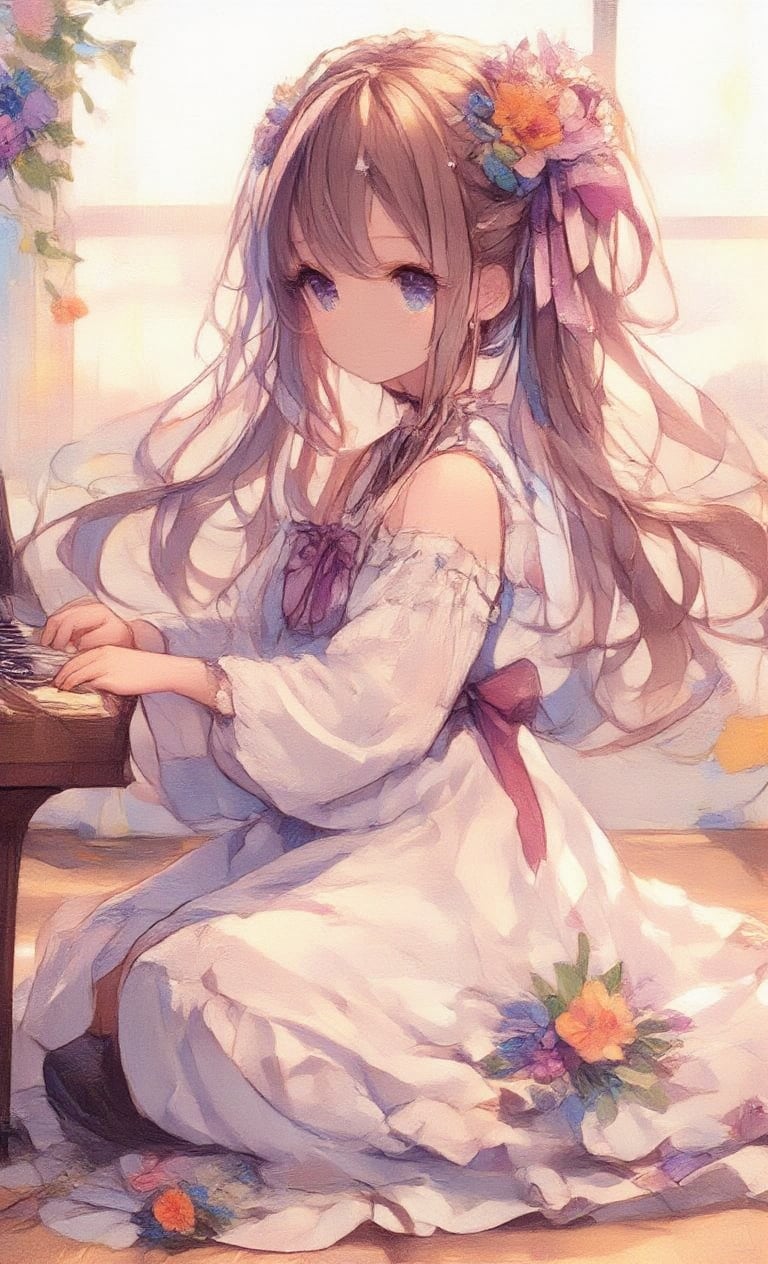 1 girl, solo, long hair, looking at viewer, blushing, smiling, bangs, blue eyes, brown hair, hair accessory, long sleeves, dress, ribbon, off shoulder, pigtails, sitting, mouth closed, purple eyes, flower, hair clip, ((looking back:1.3)), flower in hair, off shoulder, from behind, sunrise, blurry, white dress, window, curtain, musical instrument, music, playing instrument, piano, grand piano,oil painting,acryli painting,Anime style,Made of adrr-zllj,colored pencil drawing,dal