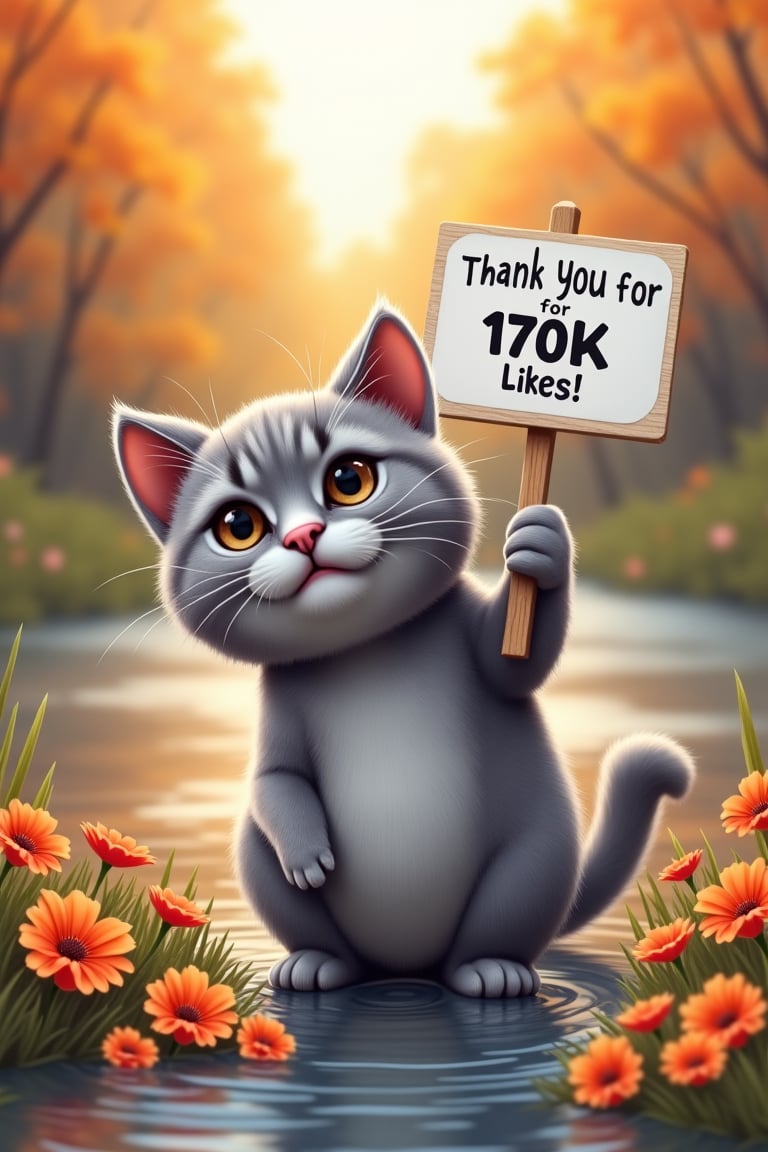 A realistic photo of a cute cat playing on the riverbank, a real-life gray American shorthair is holding up a placard in one hand. The placard reads "Thank you for 170K likes!" Autumn flowers are blooming all around, giving a feeling of autumn.