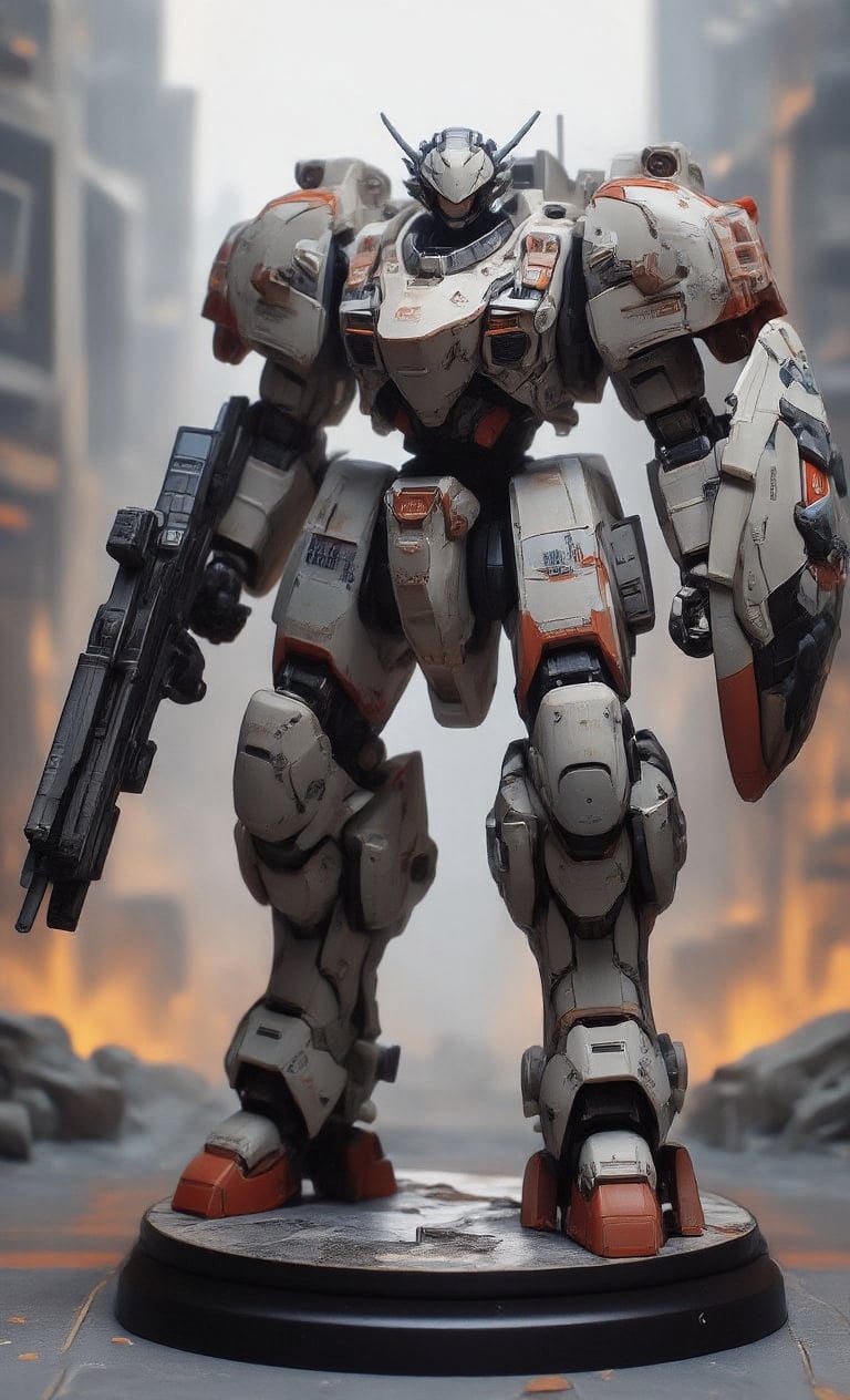 Masterpiece, plastic model, diorama of a robot figure, standing on a pedestal, in a city area, equipped with a large Gatling gun and shield. The robot is painted in a white and red color scheme with splitter camouflage. The spectacular texture of the stunning 3D rendering is enhanced by several metal textures. The blurry light gray background and strong lighting make the subject stand out even more.,real robot,create figure 2