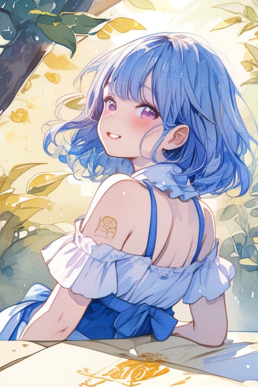 Masterpiece, Top Quality, Aesthetic, (((Background Blur: 1.8))), ((Watercolor Style: 1.5)), ((Drawn on Watson Paper: 1.7)), BREAK, 1 girl, alone, chest, looking at viewer, blushing, smiling, short hair, shirt, dress, off shoulder, blue hair, purple eyes, upper body, ruffles, open lips, sleeveless, daytime, shiny, looking back, blue eyes, clear pupils, from behind, shiny hair, sleeveless dress, leaves, sunlight, plants, light particles,watercolor \(medium\)