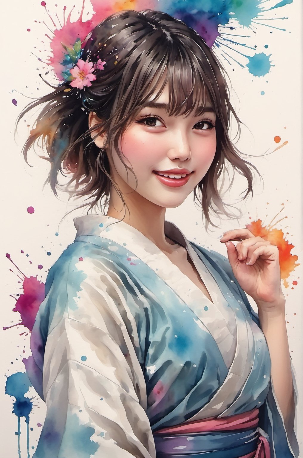 Ink art, beautiful Japanese girl, anime style, long listening, stylish smile, dynamic pose, splash ink, super colorful, white background, detailed, clean, masterpiece,