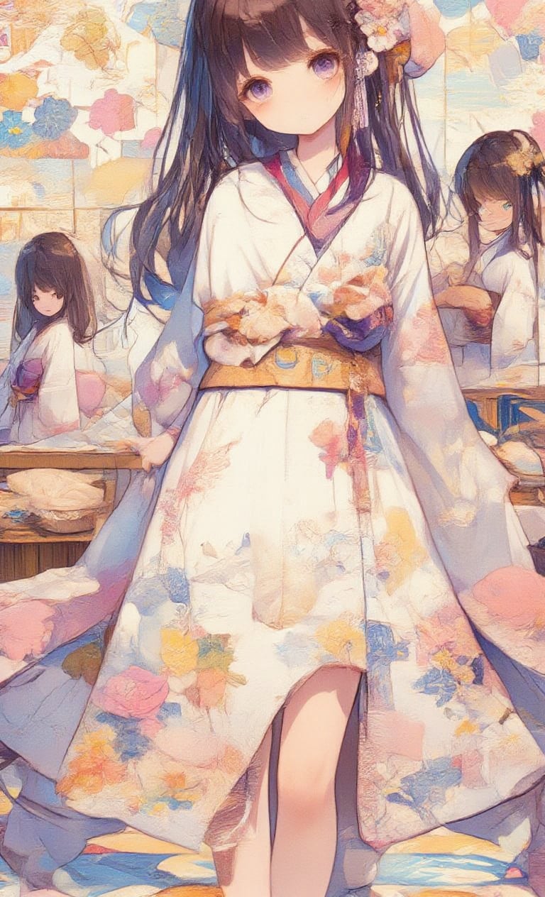 long hair, looking at viewer, blushing, bangs, multiple girls, brown hair, black hair, hair accessory, long sleeves, grabbing, two girls, back to back, purple eyes, ahoge, side locks, food, Japanese clothing, looking back, kimono, obi, floral pattern, holding food, cotton candy, yukata, white kimono, stairs, railing,oil painting,acryli painting,Anime style,Made of adrr-zllj,colored pencil drawing