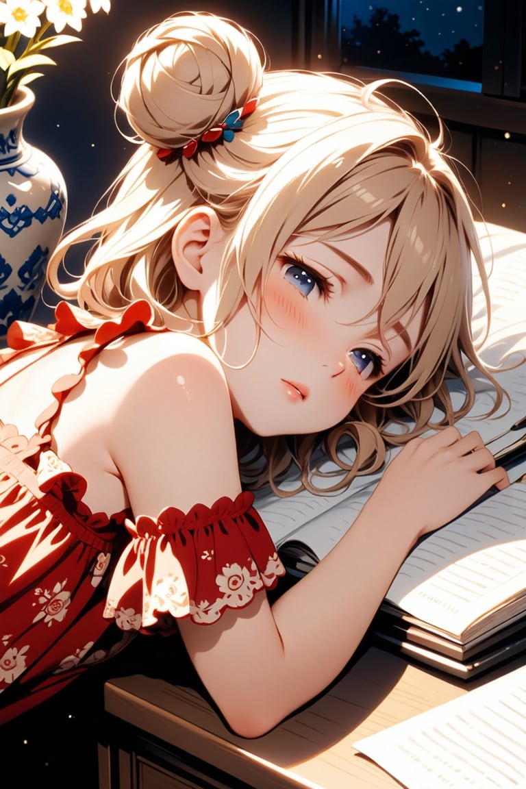 Cute girl, blonde bun BREAK Red hairpin BREAK Red patterned nightgown, lying on the desk, with tender love, night, blush, mid shot, masterpiece, top quality, aesthetic, (head tilt: 1.2), vase , dim light, half-closed eyes