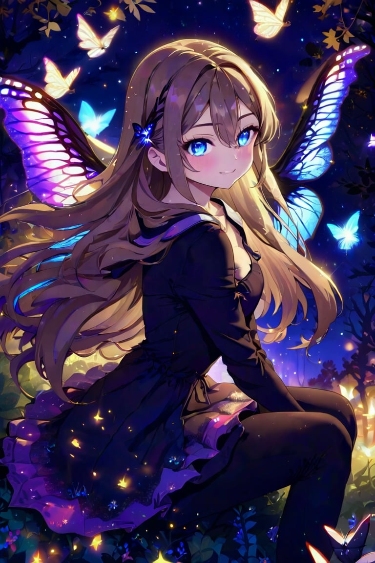 One girl, patchwork style, blurry, hazy background, solo, long hair, light brown hair, floating hair. Hair ornament, long sleeves, collarbone, exposed shoulders, dress, off-shoulder dress, sitting, blue eyes, pantyhose, wings, tree, insects, fireflies, luminescence, black pantyhose, bare tree, abstract,Anime style,kawaii,1girl,vspop,anime