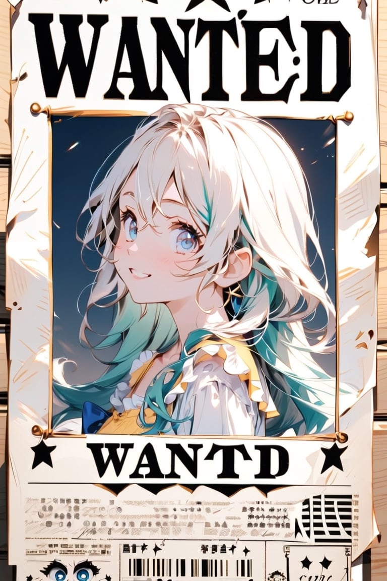 Quality Masterpiece, Top Quality, Aesthetic, 1 Girl, (Beautiful Blue Eyes: 1.0), Big Eyes, Eager Eyes, Mint Green Hair, Long Hair, Smile, // Background Wanted, Dress, Front Face, Profile, Wanted poster, old paper, tanned paper, paper with "CUTE GIRL" written on it.