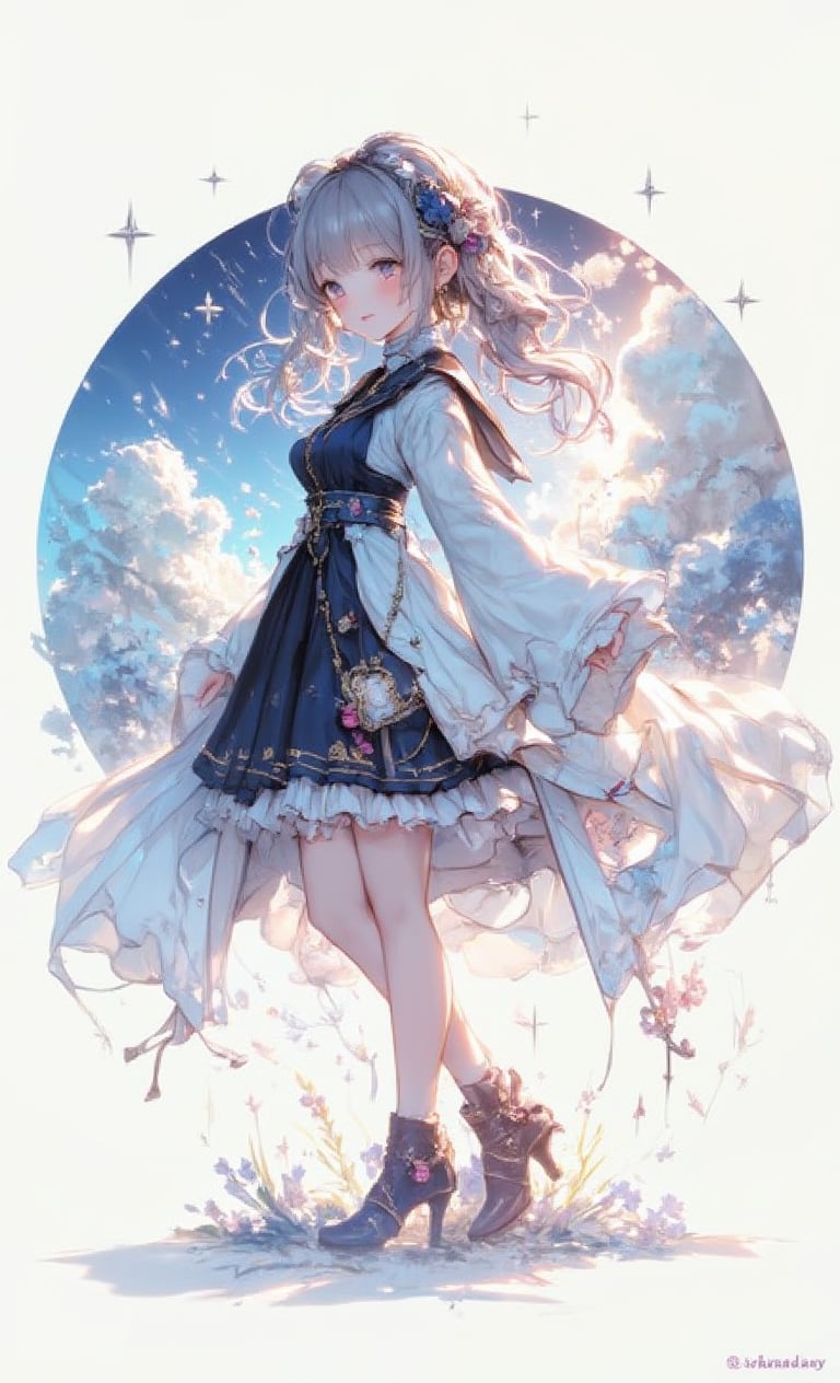 A smiling girl has light pastel colored hair and is wearing a star hair ornament. In the scene, she is wearing a fluffy dress and walking on clouds. The background is a simple sky tone, and inside the circle is a double exposure of a fantastic dream world scene. The camera angle is from above, emphasizing her graceful posture, adding a soft light effect and a star-like effect floating around her. .,fantasy girl,cool_Anime,VNS_Add more details