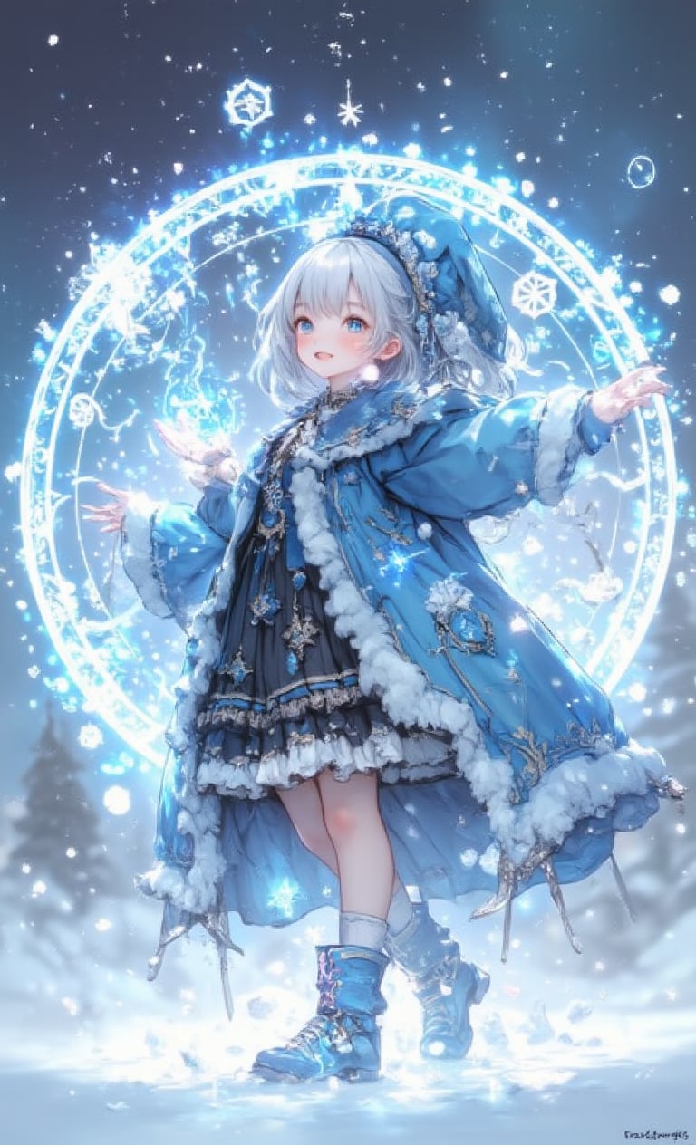 A smiling girl has white snow-like hair and wears an ice crystal hair ornament. She wears a blue frilly coat and emits snow magic from her hands. The background has simple winter colors, and inside the circle is a beautiful double exposure of a snowy landscape. The camera is angled from the side to emphasize her figure in the falling snow, adding light effects and a sparkling snow effect all around her. .,fantasy girl,cool_Anime,VNS_Add more details